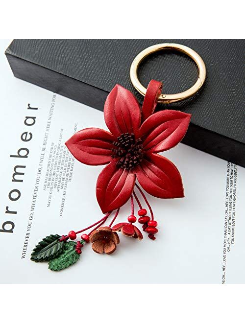 Genuine Leather Flower Tassel Keychain Car Keyring Fob Boho Accessorie for Women