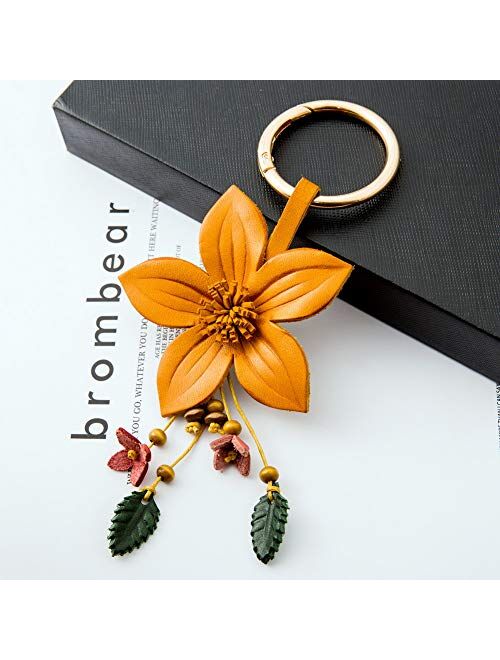 Genuine Leather Flower Tassel Keychain Car Keyring Fob Boho Accessorie for Women