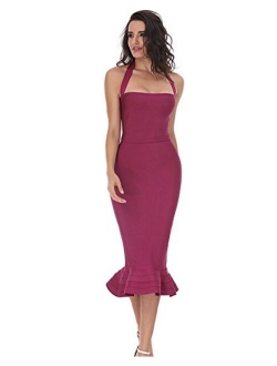 Whoinshop Womens Halter Sleeveless Mermaid Bodycon Bandage Cocktail Midi Dress