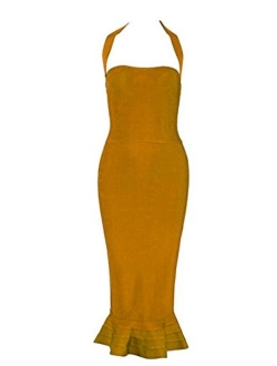 Whoinshop Womens Halter Sleeveless Mermaid Bodycon Bandage Cocktail Midi Dress