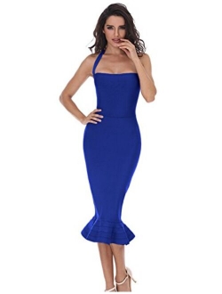 Whoinshop Womens Halter Sleeveless Mermaid Bodycon Bandage Cocktail Midi Dress