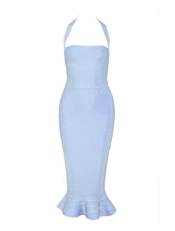 Whoinshop Womens Halter Sleeveless Mermaid Bodycon Bandage Cocktail Midi Dress