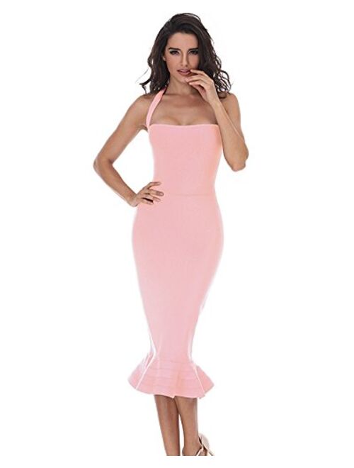 Whoinshop Womens Halter Sleeveless Mermaid Bodycon Bandage Cocktail Midi Dress