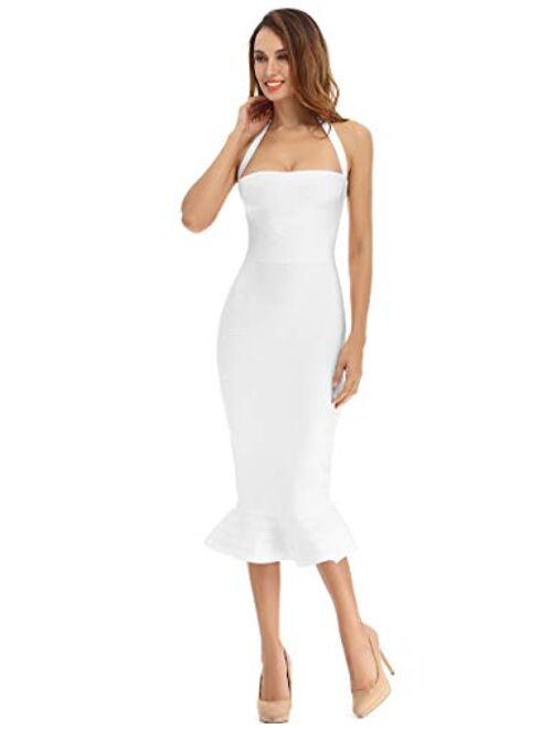 Whoinshop Womens Halter Sleeveless Mermaid Bodycon Bandage Cocktail Midi Dress