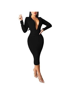 Women's Sexy Dresses Deep V Neck Long Sleeve Night Bodycon Midi Dress Party Clubwear