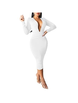 Women's Sexy Dresses Deep V Neck Long Sleeve Night Bodycon Midi Dress Party Clubwear