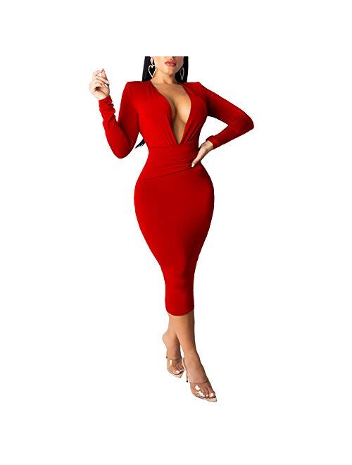 Women's Sexy Dresses Deep V Neck Long Sleeve Night Bodycon Midi Dress Party Clubwear