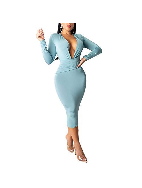 Women's Sexy Dresses Deep V Neck Long Sleeve Night Bodycon Midi Dress Party Clubwear