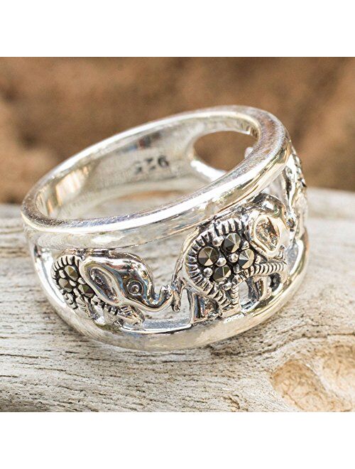 NOVICA Marcasite .925 Sterling Silver Band Ring, Thai Elephant Journey'