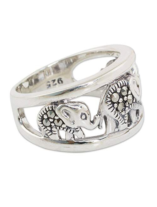 NOVICA Marcasite .925 Sterling Silver Band Ring, Thai Elephant Journey'