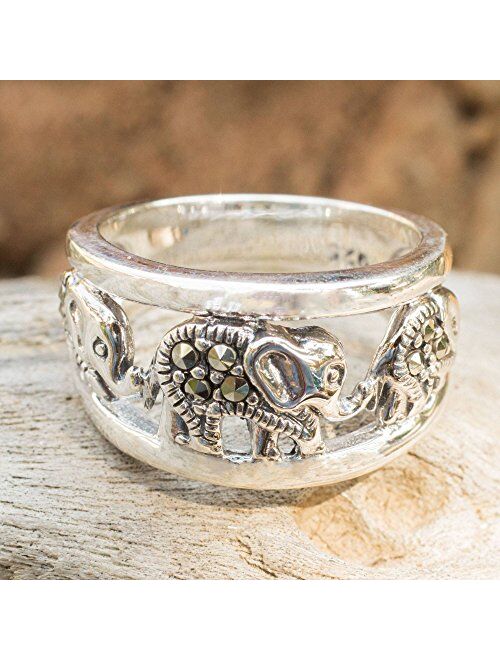 NOVICA Marcasite .925 Sterling Silver Band Ring, Thai Elephant Journey'