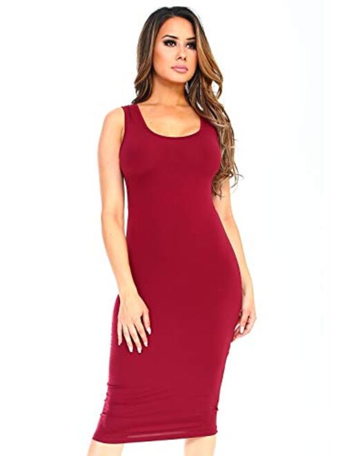 YELETE Women's Sleeveless Scoop Neckline Bodycon Pencil Fitted Tank Midi Dress