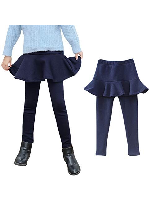 Ehdching Little Girls Winter Pantskirt Kids Fleece Lined Leggings Warm Pants Ruffle Skirt