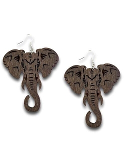 Pashal Large Natural Wooden Majestic African Bohemian Elephant Drop Dangle Earrings