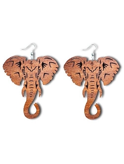 Pashal Large Natural Wooden Majestic African Bohemian Elephant Drop Dangle Earrings