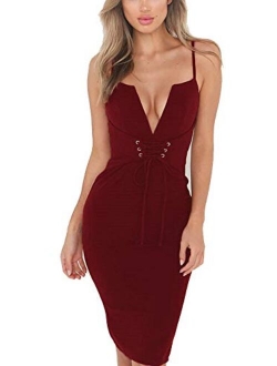 Allonly Women's Sexy Strap Deep V-Neck Lace Up Empire Waist Backless Bodycon Midi Pencil Dresses Knee Length