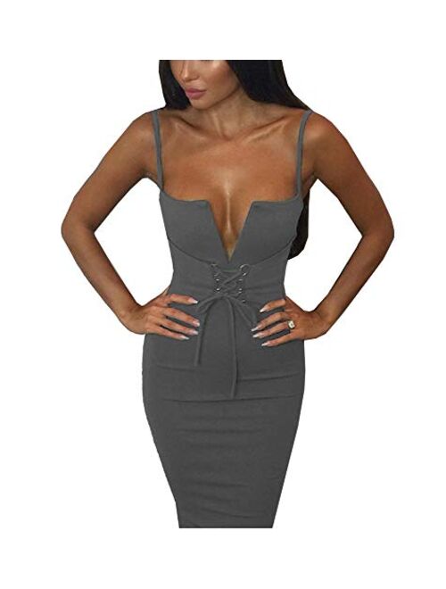 Allonly Women's Sexy Strap Deep V-Neck Lace Up Empire Waist Backless Bodycon Midi Pencil Dresses Knee Length