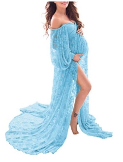 Soft Stretchy Lace Off Shoulder Doubly Split A-line Skirt Maternity Dress Pregnancy Maxi Gown for Photoshoot