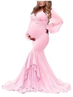 Long Chiffon Sleeve Tired Mermaid Maternity Dress for Photoshoot Photography Baby Shower