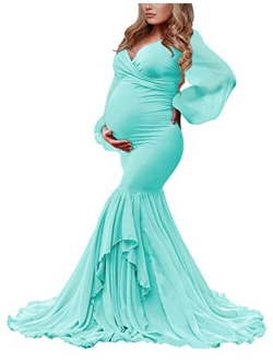 Long Chiffon Sleeve Tired Mermaid Maternity Dress for Photoshoot Photography Baby Shower