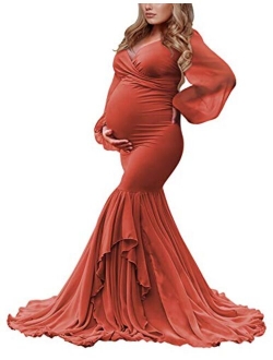 Long Chiffon Sleeve Tired Mermaid Maternity Dress for Photoshoot Photography Baby Shower