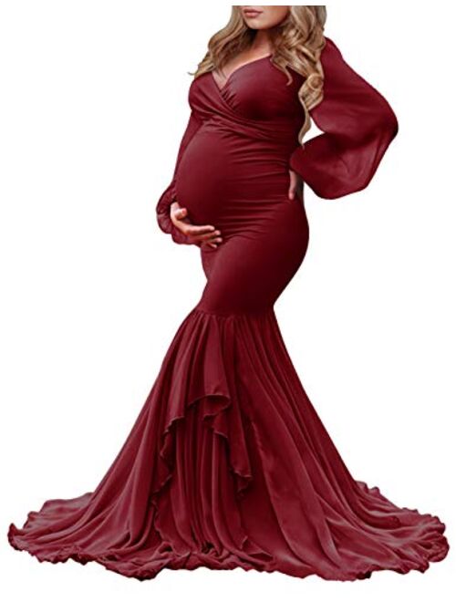 Saslax Long Chiffon Sleeve Tired Mermaid Maternity Dress for Photoshoot Photography Baby Shower