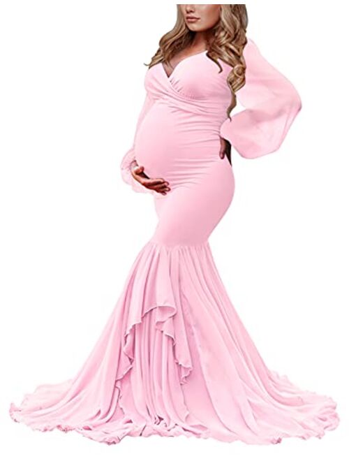 Saslax Long Chiffon Sleeve Tired Mermaid Maternity Dress for Photoshoot Photography Baby Shower