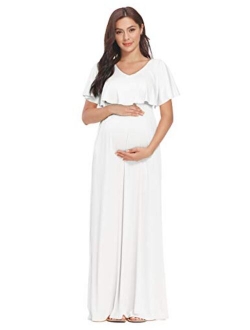 2 Style V-Neck or Off Shoulder Ruffle Maternity Maxi Dress with Pockects for Photoshoot or Baby Shower