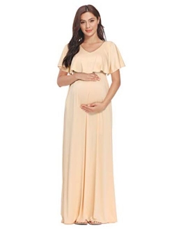 2 Style V-Neck or Off Shoulder Ruffle Maternity Maxi Dress with Pockects for Photoshoot or Baby Shower