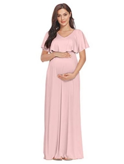 2 Style V-Neck or Off Shoulder Ruffle Maternity Maxi Dress with Pockects for Photoshoot or Baby Shower