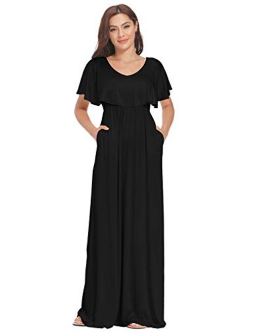 2 Style V-Neck or Off Shoulder Ruffle Maternity Maxi Dress with Pockects for Photoshoot or Baby Shower