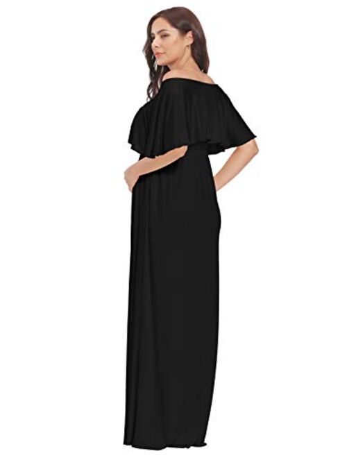 2 Style V-Neck or Off Shoulder Ruffle Maternity Maxi Dress with Pockects for Photoshoot or Baby Shower