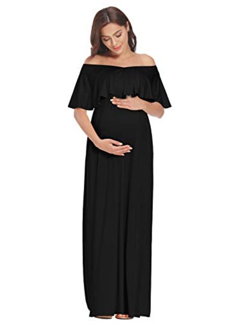 2 Style V-Neck or Off Shoulder Ruffle Maternity Maxi Dress with Pockects for Photoshoot or Baby Shower