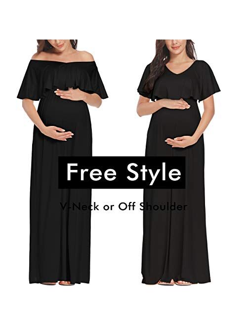 2 Style V-Neck or Off Shoulder Ruffle Maternity Maxi Dress with Pockects for Photoshoot or Baby Shower