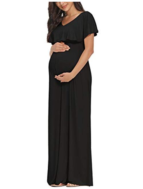 2 Style V-Neck or Off Shoulder Ruffle Maternity Maxi Dress with Pockects for Photoshoot or Baby Shower