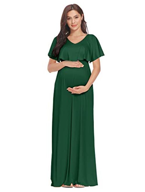 2 Style V-Neck or Off Shoulder Ruffle Maternity Maxi Dress with Pockects for Photoshoot or Baby Shower