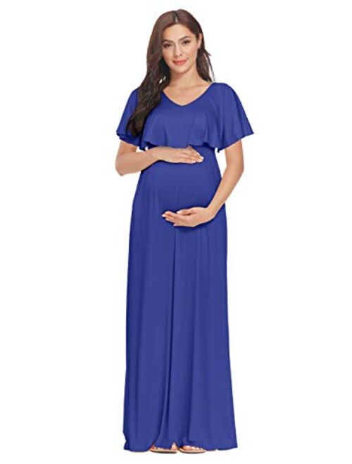 2 Style V-Neck or Off Shoulder Ruffle Maternity Maxi Dress with Pockects for Photoshoot or Baby Shower