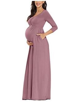 Ruched Center-Bust-Line Maternity Dress, Two Side Pockets Maxi Dress for Maternity Photoshoot Baby Shower