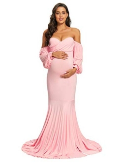 Maternity Off Shoulder Dress, Mermaid Fit Maxi Gown for Baby Shower, Photo Shoot