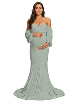 MYZEROING Maternity Off Shoulder Dress, Mermaid Fit Maxi Gown for Baby Shower, Photo Shoot