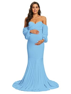 MYZEROING Maternity Off Shoulder Dress, Mermaid Fit Maxi Gown for Baby Shower, Photo Shoot