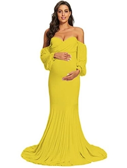 MYZEROING Maternity Off Shoulder Dress, Mermaid Fit Maxi Gown for Baby Shower, Photo Shoot