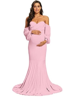 MYZEROING Maternity Off Shoulder Dress, Mermaid Fit Maxi Gown for Baby Shower, Photo Shoot