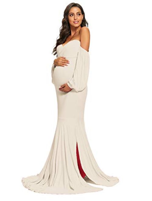 MYZEROING Maternity Off Shoulder Dress, Mermaid Fit Maxi Gown for Baby Shower, Photo Shoot