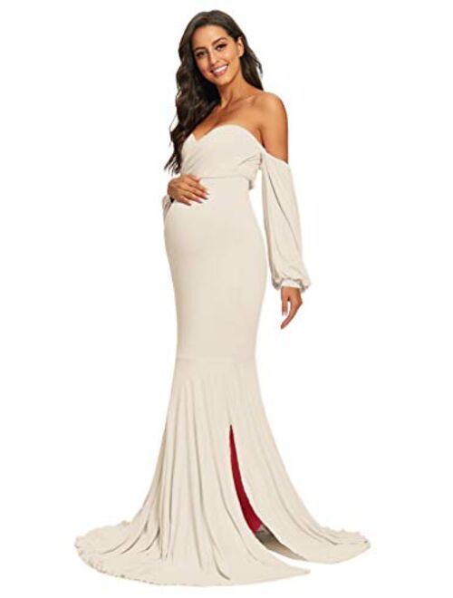 MYZEROING Maternity Off Shoulder Dress, Mermaid Fit Maxi Gown for Baby Shower, Photo Shoot