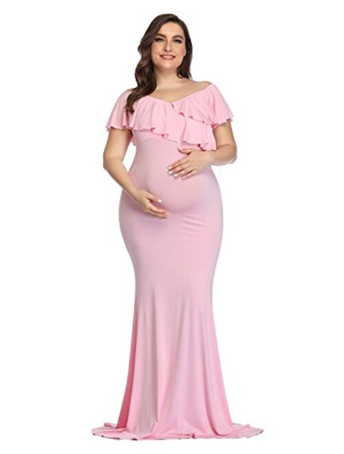 Maternity Long Dress Ruffles Elegant Maxi Photography Dress Stretchy Slim Gowns for Photoshoot