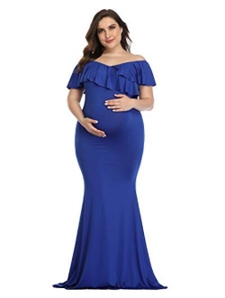 YnimioAOX Maternity Long Dress Ruffles Elegant Maxi Photography Dress Stretchy Slim Gowns for Photoshoot