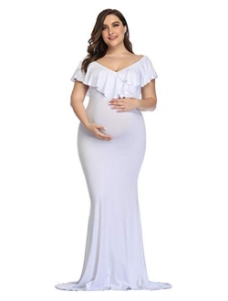 YnimioAOX Maternity Long Dress Ruffles Elegant Maxi Photography Dress Stretchy Slim Gowns for Photoshoot