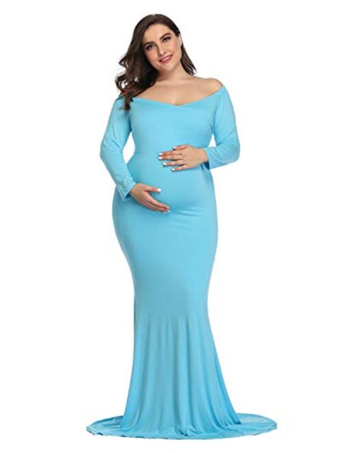 YnimioAOX Maternity Long Dress Ruffles Elegant Maxi Photography Dress Stretchy Slim Gowns for Photoshoot