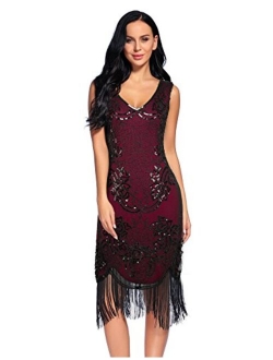 Women's 1920s Flapper Dress Sequin Beaded V Neck Tassels Hem Great Gatsby Cocktail Dress